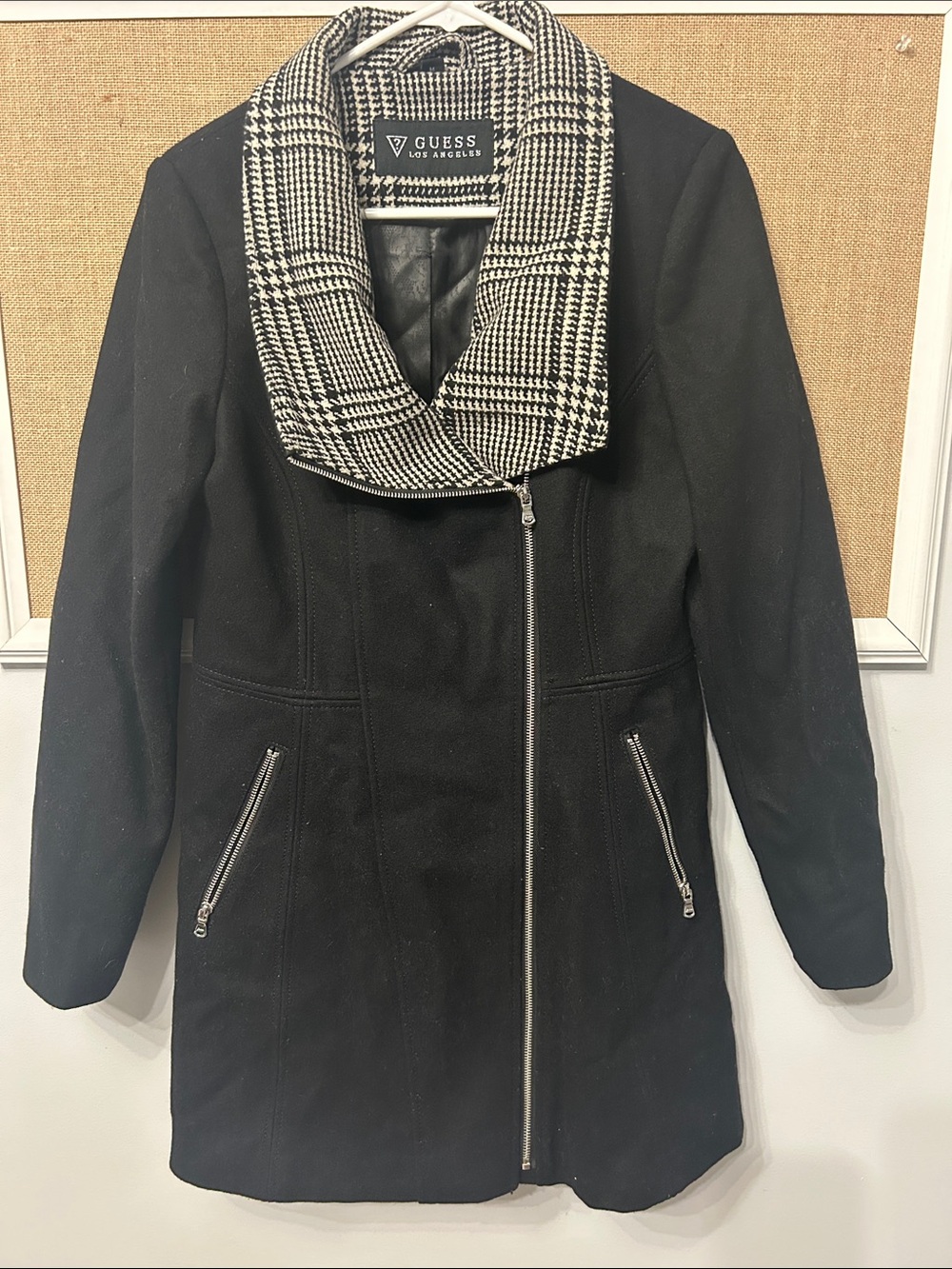 GUESS Black Pea Coat with Black-and-White Houndstooth Collar